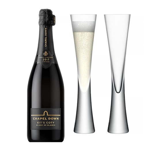Chapel Down Kits Coty Blanc de Blancs 2017 Vintage English Sparkling 75cl with LSA Moya Flutes
